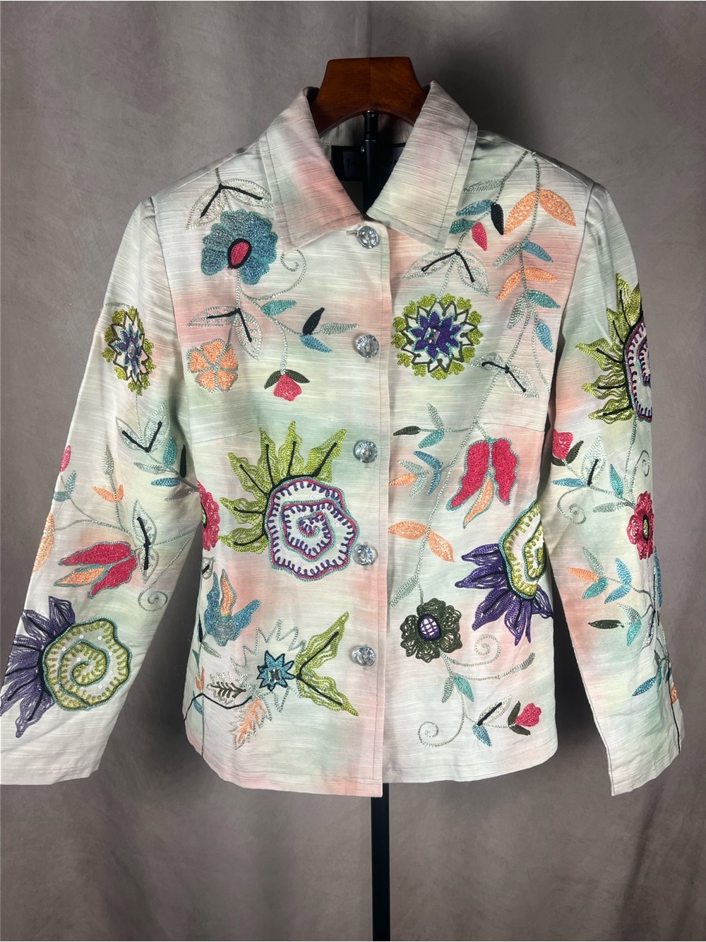 Indigo Moon Floral Embroidered Jacket Womens XS Boho Art to Wear